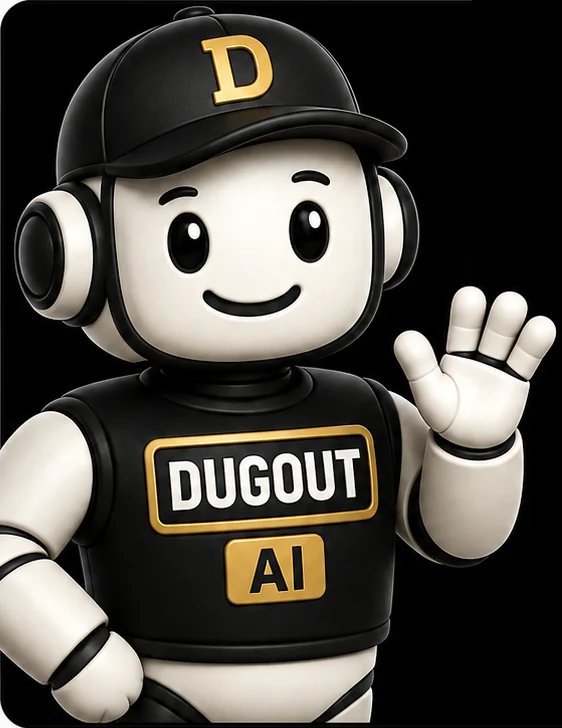 Dougie, the Dugout AI robot mascot, waving
